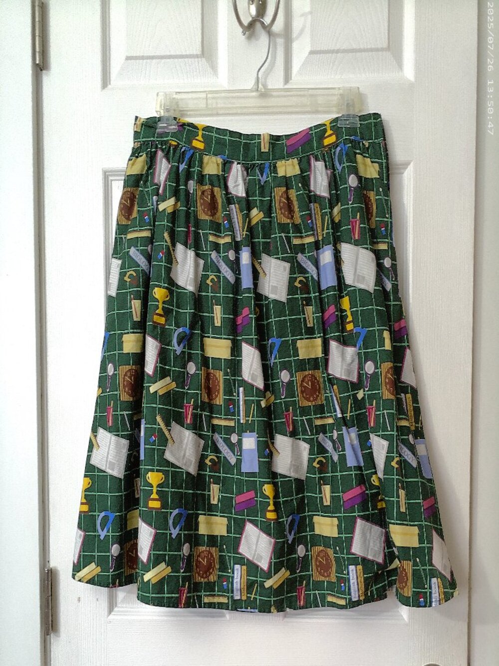ModCloth Dark Green A-Line Skirt with Schoolhouse Print